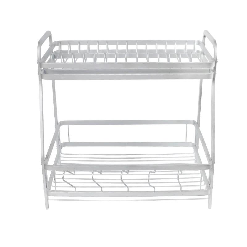 2-Tier Large Metal Kitchen Countertop Standing Dish Drying Rack Set with Removable Drainboard Cup Holder