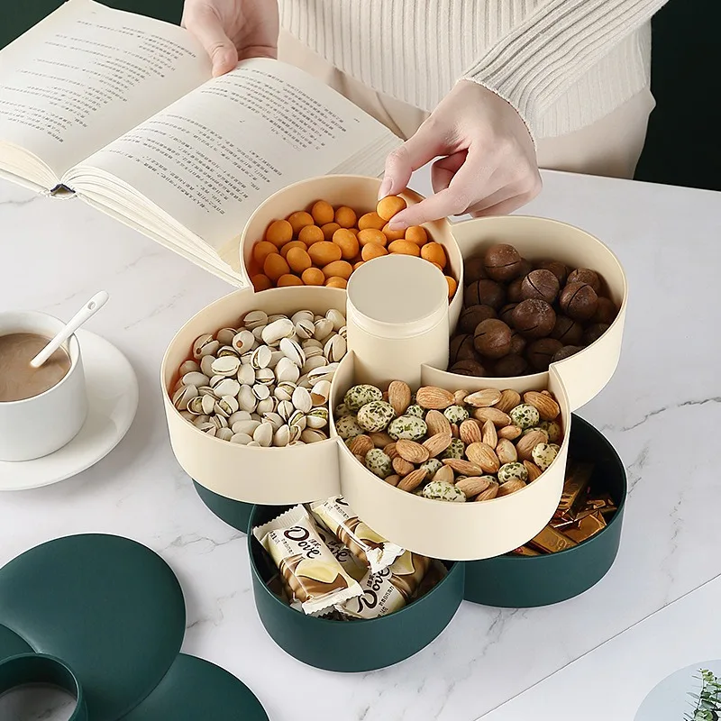 2-Layer Rotating Petal Snack and Candy Tray Case PP Plastic Nut and Dried Fruit Storage Box for Home Wedding for Food Storage