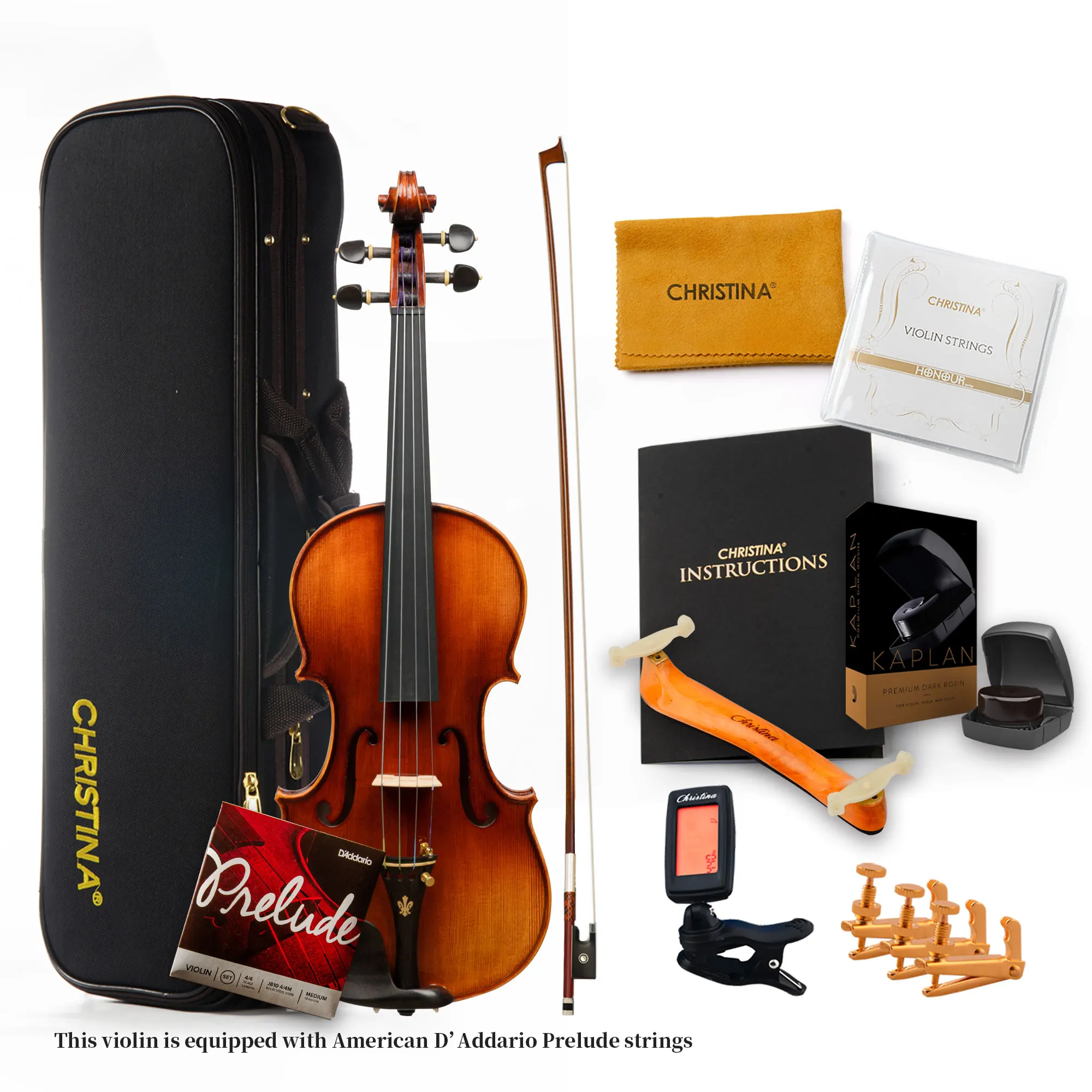 CHRISTINA V06C Professional Solid Wood Violin Set with Free Case and String Bow Spruce Face Maple Back/Side