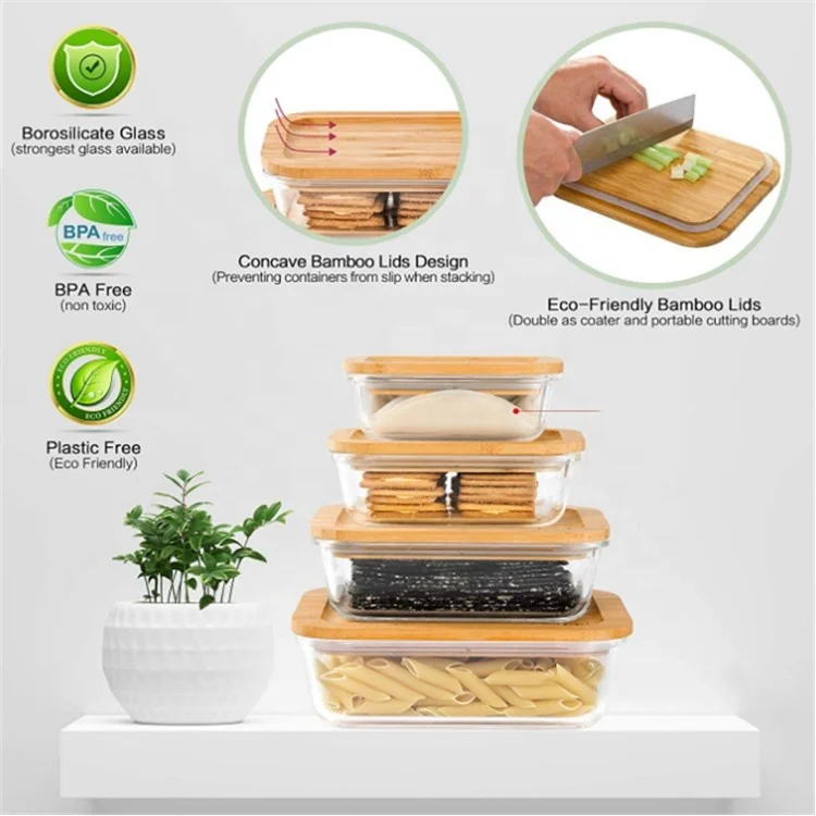 Borosilicate Glass Lunch Box Microwave Oven Safe Food Container with Bamboo Lid
