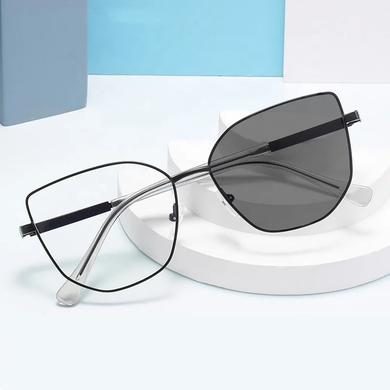 anti blue light photochromic glasses women 2024 cateye hexagon large square silver purple metal photo gray femme female optical