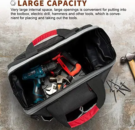 Waterproof Tool Bags for Men or Women 16-inch Wide Mouth Tool Tote Bag with 25 Pockets for Tool Organizer Storage