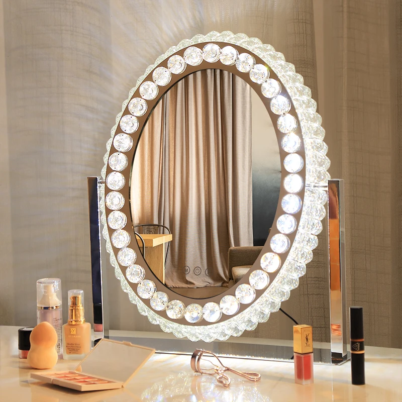 Salon Furniture Diamond Single Sided Styling Station Barber Crystal Vanity Dressing Table Makeup Rotation Mirror with LED Lights