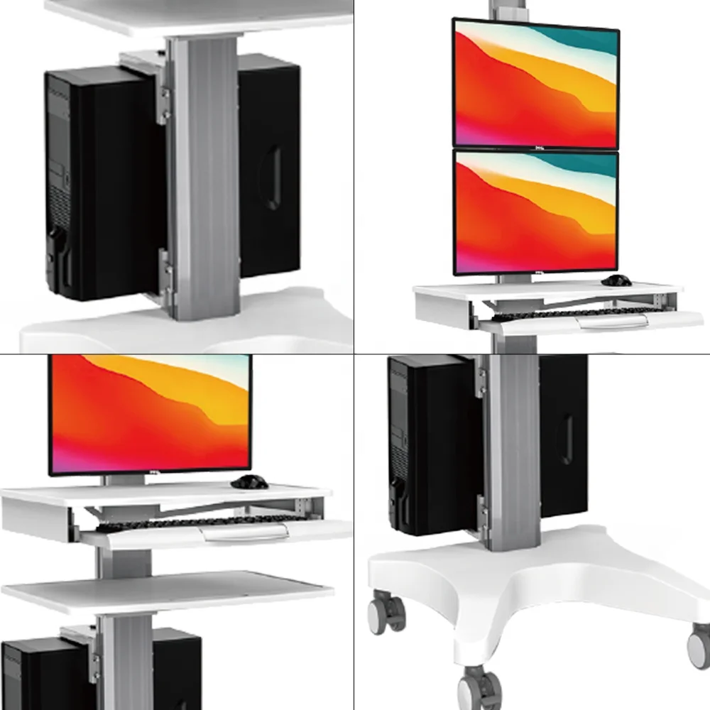 Mobile Adjustable Hospital Medical Trolley Cart With 2 Monitor Mounts Office School Laboratory Clinic Workstation