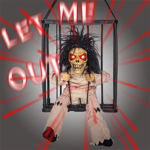 Screaming Hanging Halloween Motion Sensor Skeletons Cage Prisoner Light Up Eyes Haunted Props Skeletons Hanging Ghost