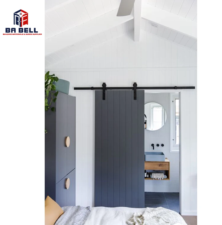 Sliding simple black wooden barn door mdf hdf room interior modern design wood door