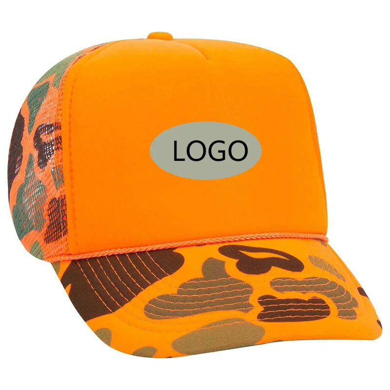 Custom Logo Trucker Hat High Quality Foam Otto cap neon camouflage 5 panel high crown mesh back trucker hat