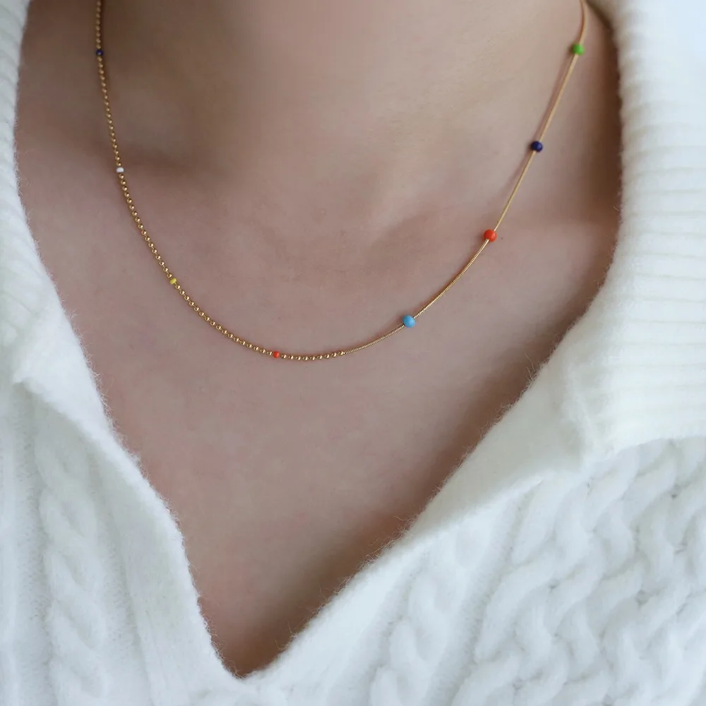 Jelly bean colorful Enamel Round bead pea chain silver necklace clavicle chain stainless steel gold and silver tarnish free
