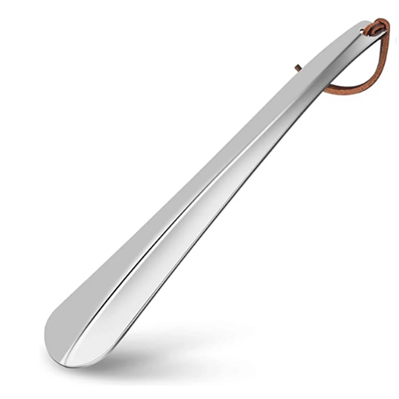 High Quality Leather Rope Long Handle Stainless Steel Metal Shoehorn For Old Pregnant woman