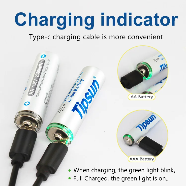 tipsun aa aaa usb rechargeable li-ion battery  1.5v 600mwh type c charger port