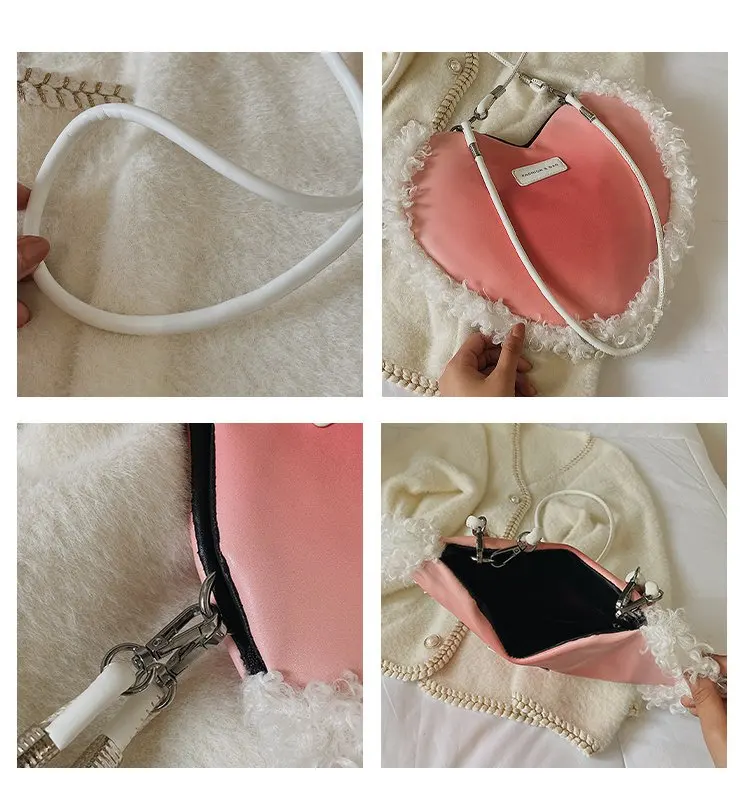 2021 winter Lovely cute heart purse handbag fashion wool fringe plaid ladies purse handbag
