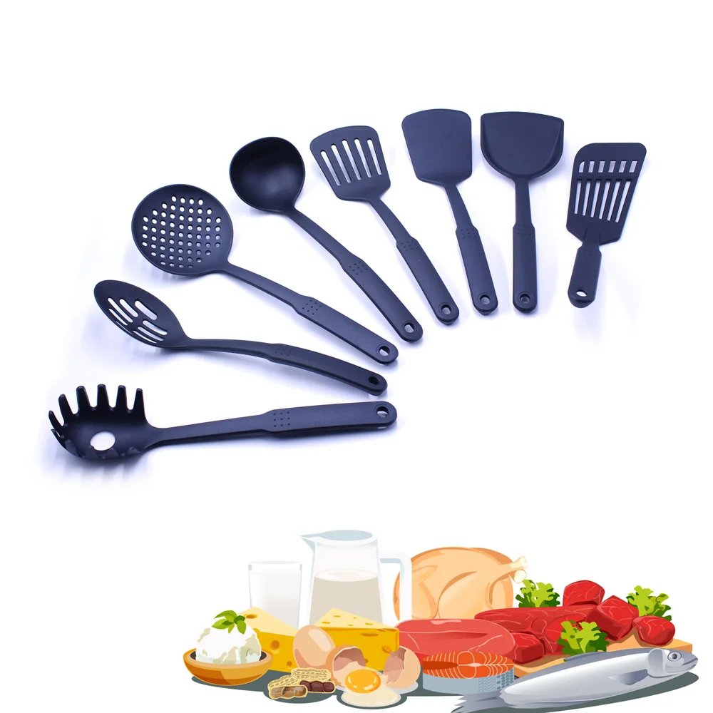 2022 New Model 8pcs Black Food grade Nylon  leaky spoon shovel  Kitchen Cooking Utensils Set