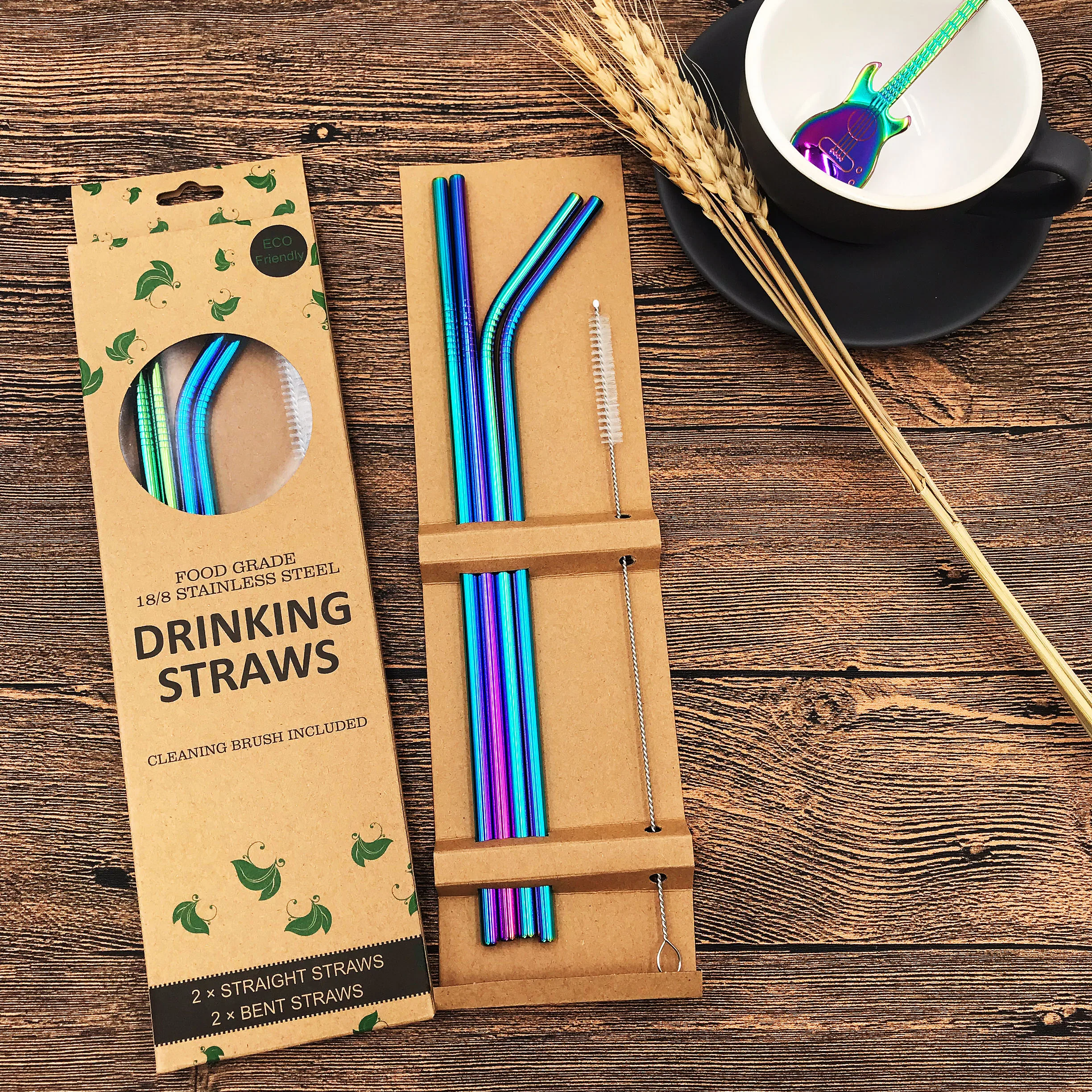 Factory Price Reusable Metal 18/8 Straws Gift Box Custom Printed logo Straw Cleaning Brush