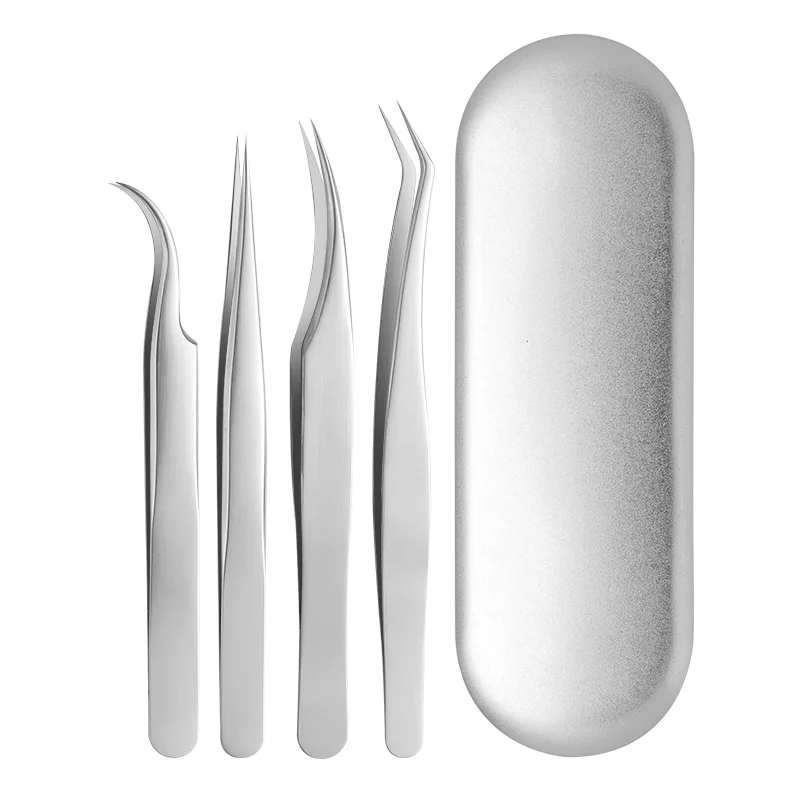 4 Pieces Eyelash Extension Tweezers Set  Stainless Steel Curved and Straight Tip Eye lashes Clip  Volume Lash Tweezers