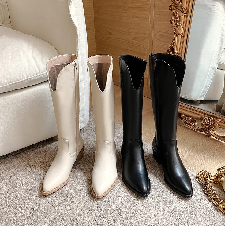 Европейские и американские женские ковбойские сапоги средней длины из искусственной кожи среднего размера с v-образным вырезом и боковой молнией на толстом каблуке