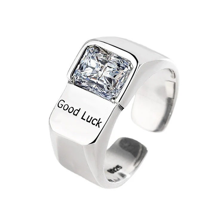 Wholesale 925 Sterling Silver Good Luck Square Diamond Adjustable Ring