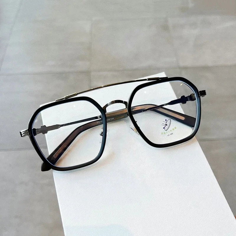New anti Blu ray glasses version trendy personality double nose bridge myopia glasses frame fashion plain plain glasses