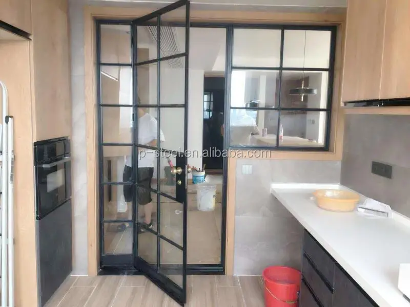 Crittal double glazed tempered glass matte black powder coated steel doors and windows with grill design