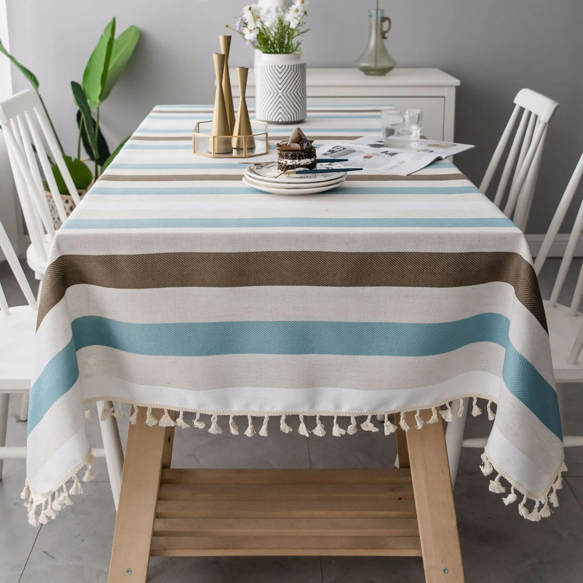 European style stripe tablecloth rectangle tassel stretch cotton linen dinning wedding custom hotel banquet party table cloth