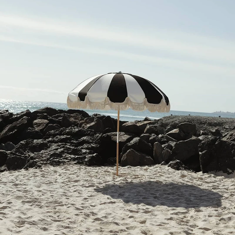 White Boho Patio Macrame Vintage Parasol Beach Umbrella Wooden Pole Tassel Cotton Cloth Bali Beach Umbrellas With Tassels Fringe