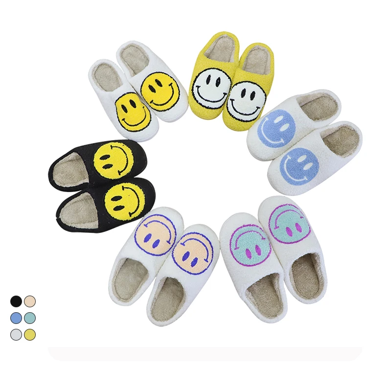 Wholesale Fashion fur furry fuzzy winter warm indoor home house bedroom smiley smile happy face slippers for women