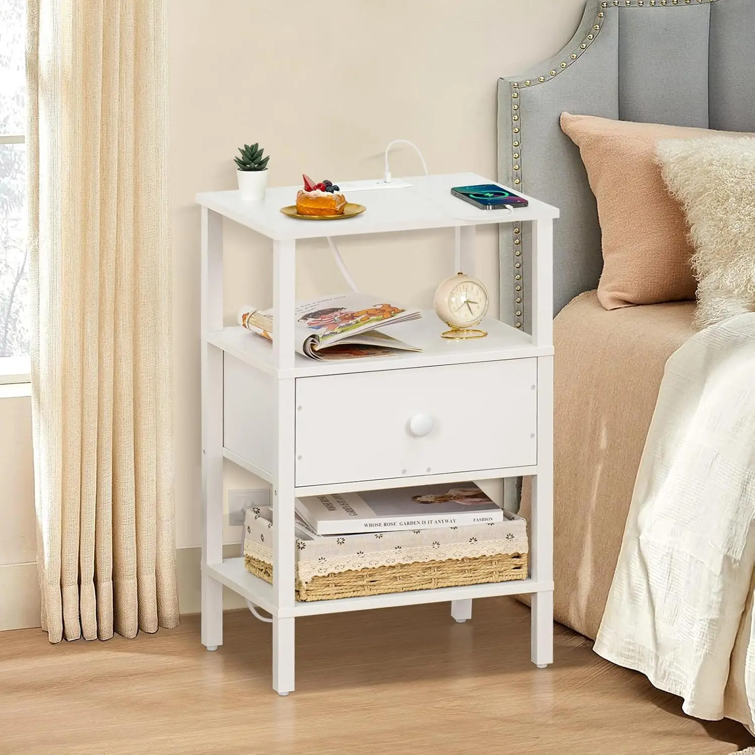 Living Room Bedroom White 3 Tier Storage End Table Drawer Shelf Night Stand Small Spaces Wood Bedside Table Nightstand