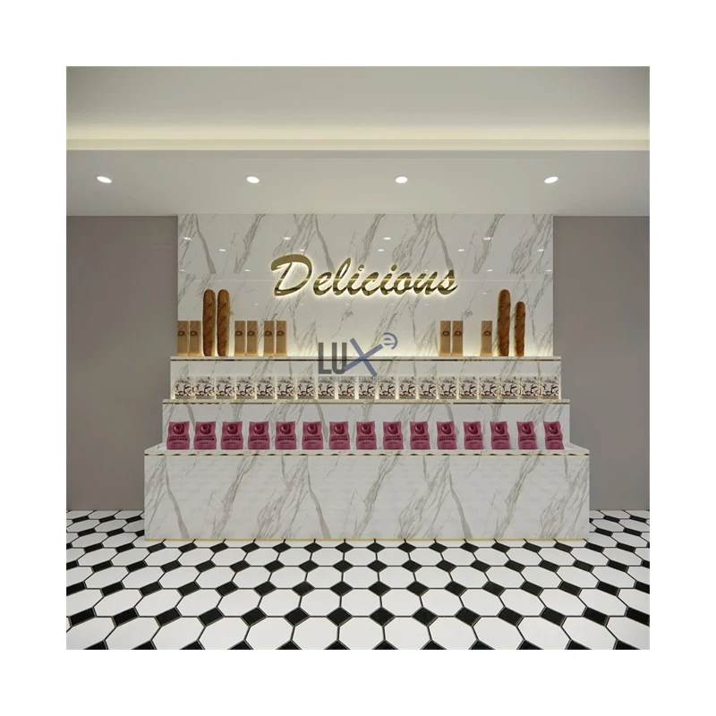 Роскошный интерьерный дизайн для хлебобулочного магазина декор от китайского производителя Золотая хлебобулочная мебель под заказ витрина хлебобулочных