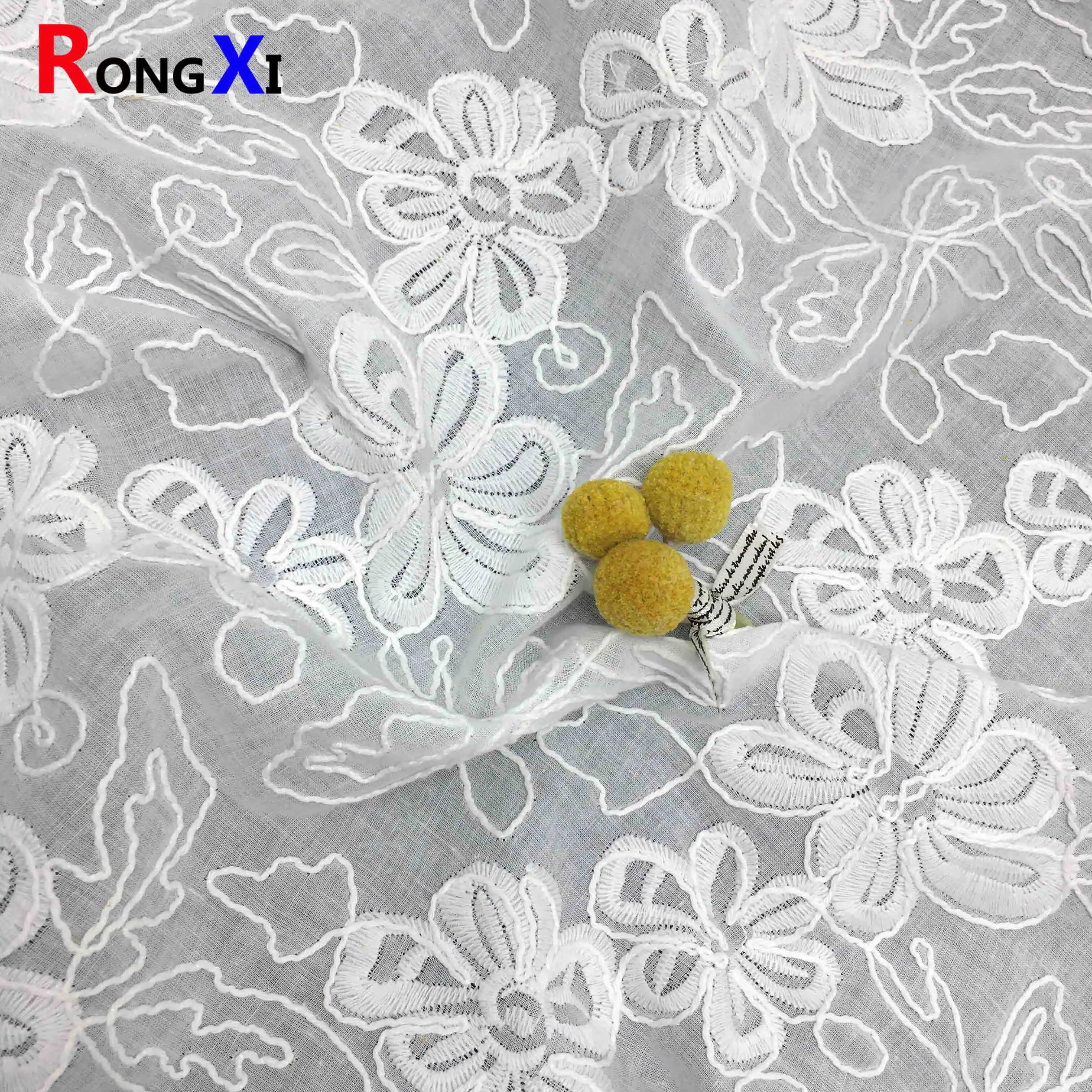 Wholesale Price RXF2212  Cotton  Eyelet  3d Flower Embroidery Luxury Lace fabric embroidery Fabric for Wedding Dress