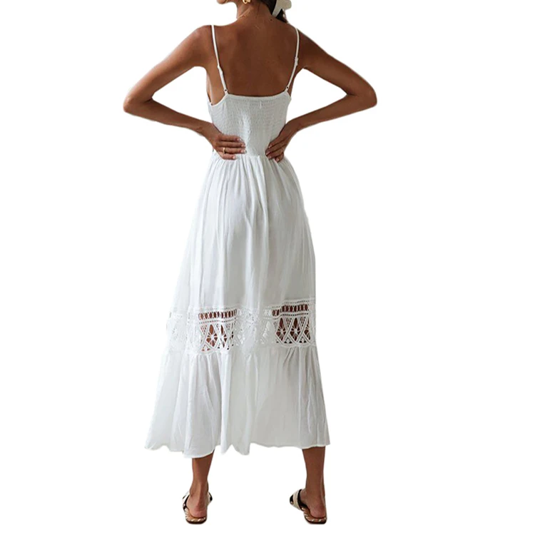 
Custom Women Summer Dress 100% Cotton Fashion Hollow Out Spaghetti Straps Midi Boho Beach Casual Dress 