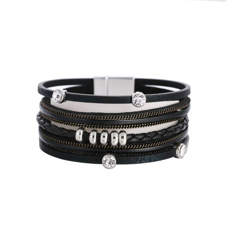 European American Women Accessories Crystal Leather Bracelet Newest Design Multi Layer Braided Rope