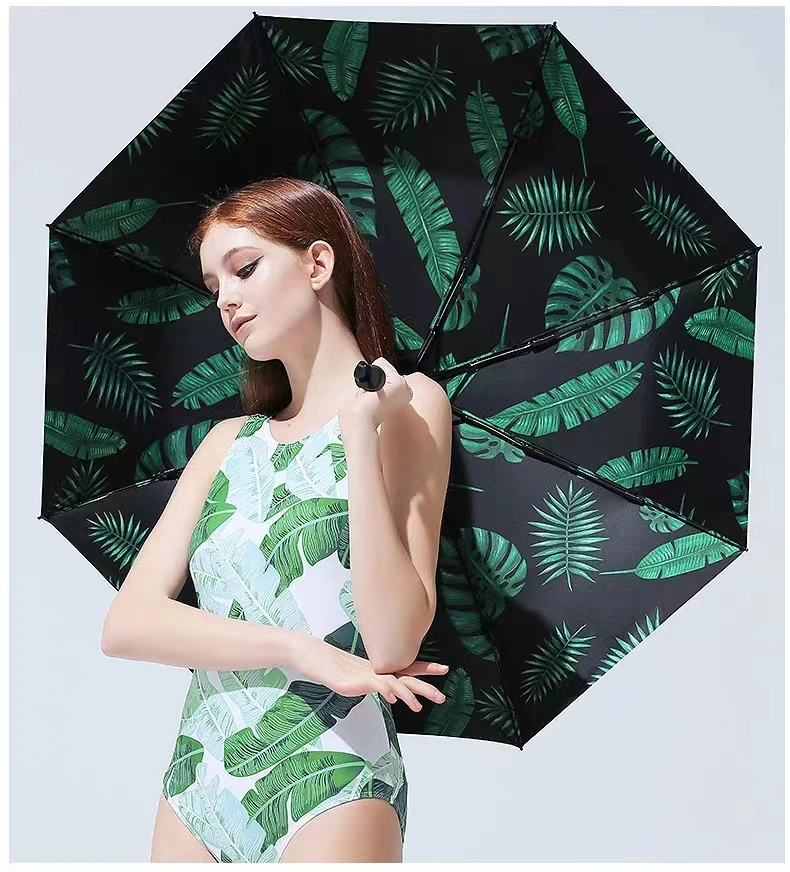 Green Banana Leaf Umbrella for Women UV Protection Parasol 3 Folding Art Oil Painting Umbrella