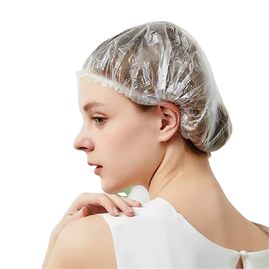 Disposable Waterproof Plastic PE Shower Bath Cap transparent Clear Hotel Bathroom white Strip Clip head cover