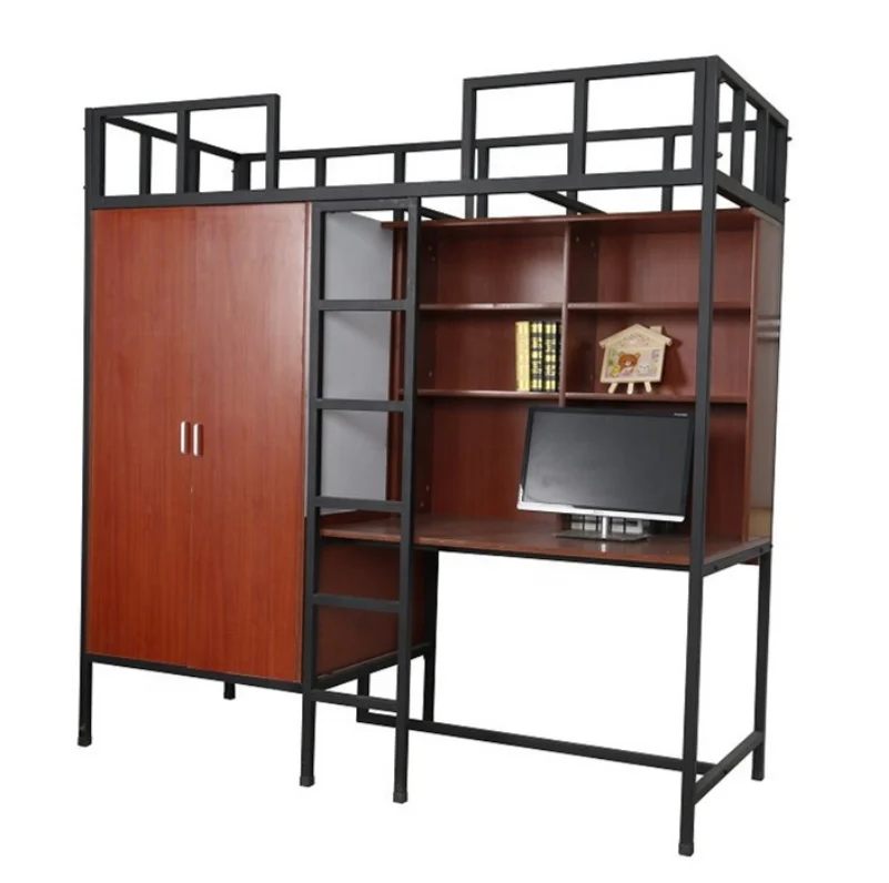 Modern dormitory metal double bunk bed with desk and wardrobe