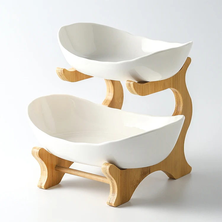 Household Bamboo Wooden Racks 3 Layers Food Container Dish Pottery Ceramic Plate for Salad Vegetable Fruits Nuts Snacks