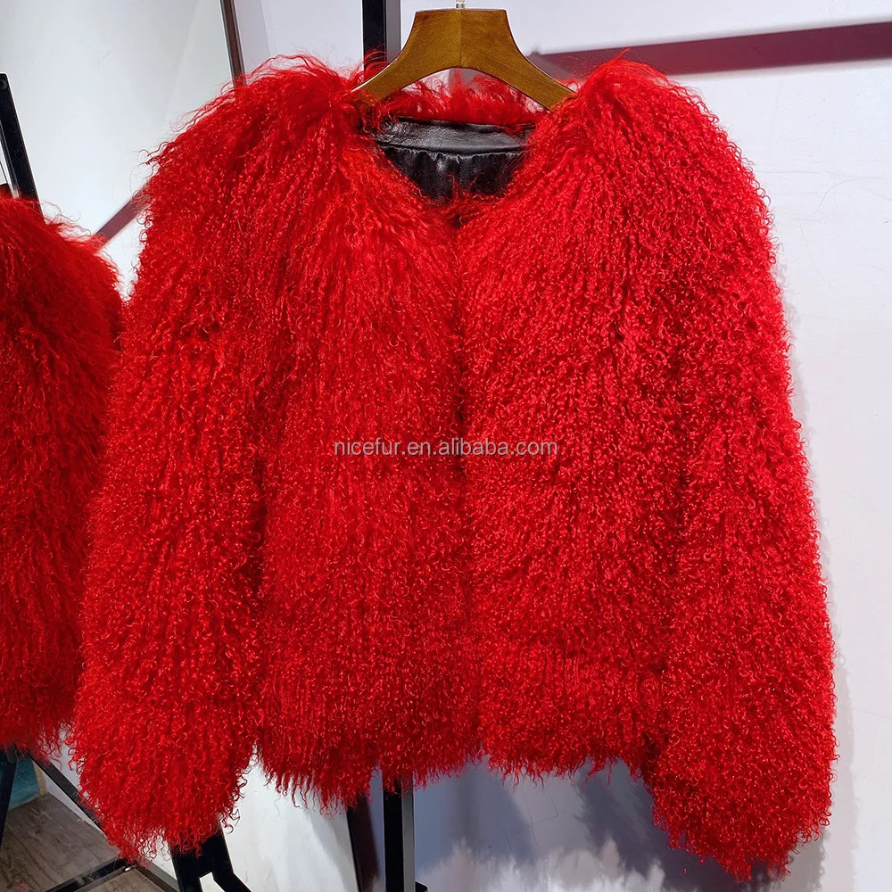 Wholesale Winter Luxury Lamb Fur Jacket Crop Real Mongolian Fur Coats For Women