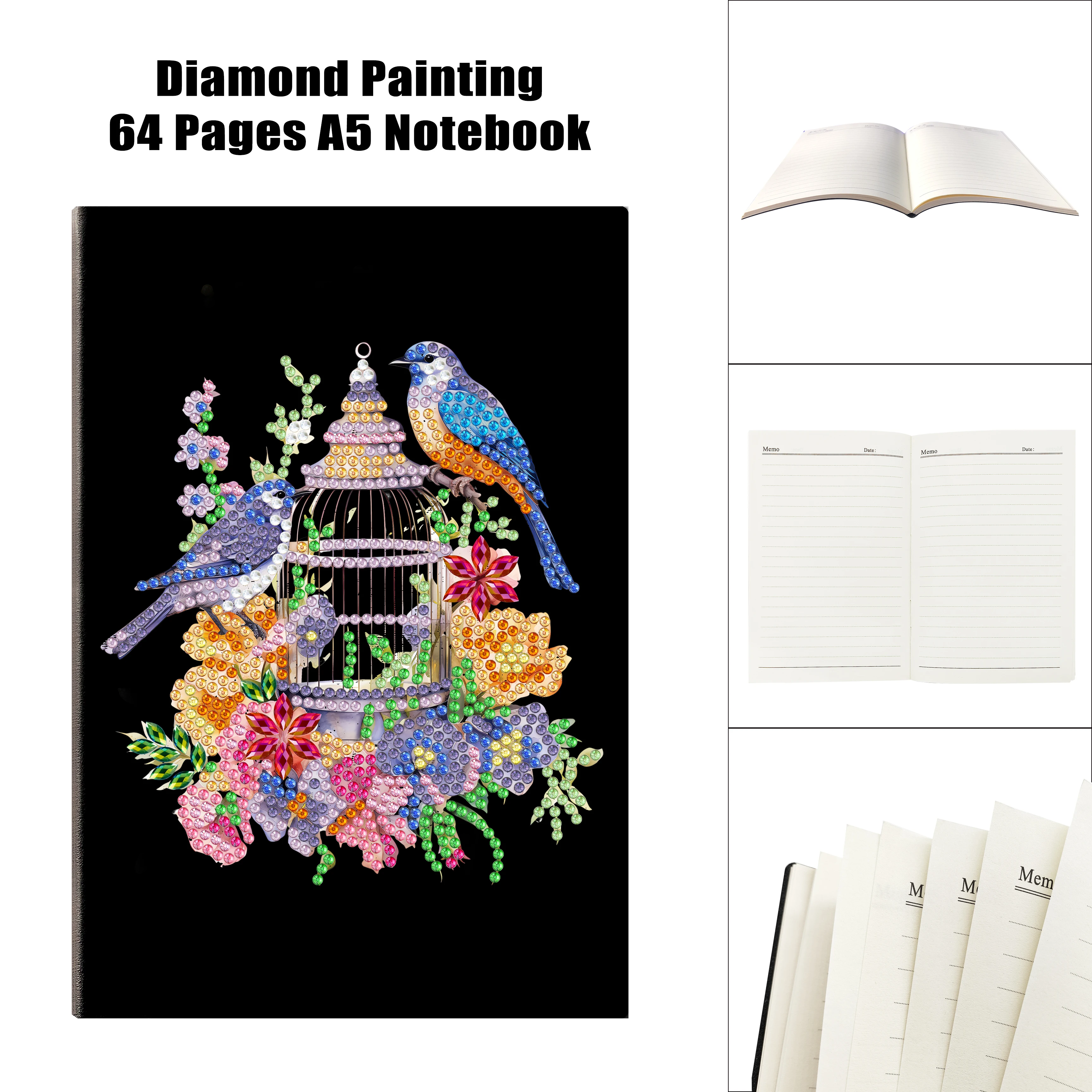 wholesale romantic bird and flowers design diy diamond painting 64 pages A5 notebook with special-shaped diamond
