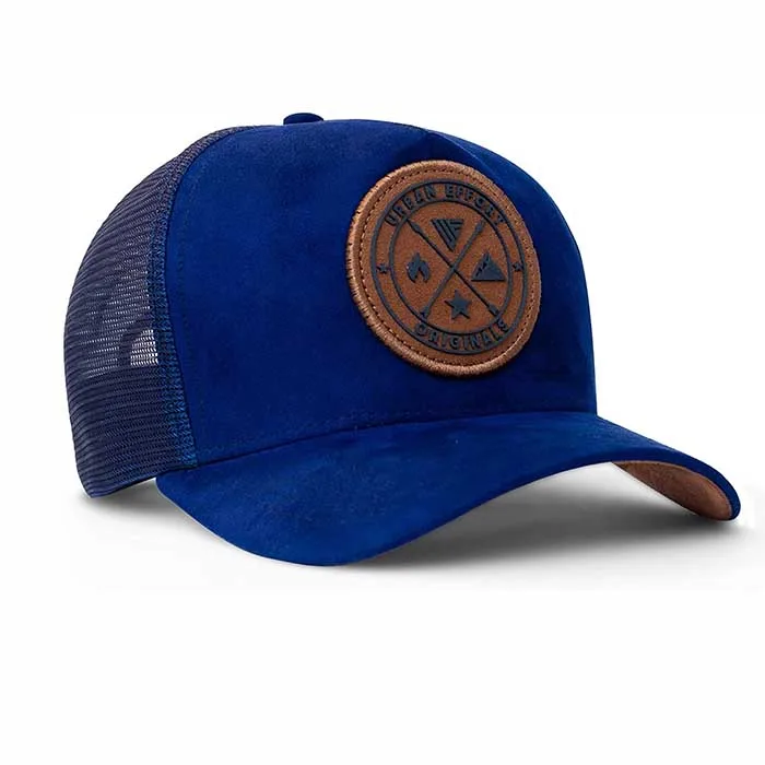OEM Custom Blue Suede 5 Panel Mesh Snap Back Mens Womens Leather Patch Trucker Hat