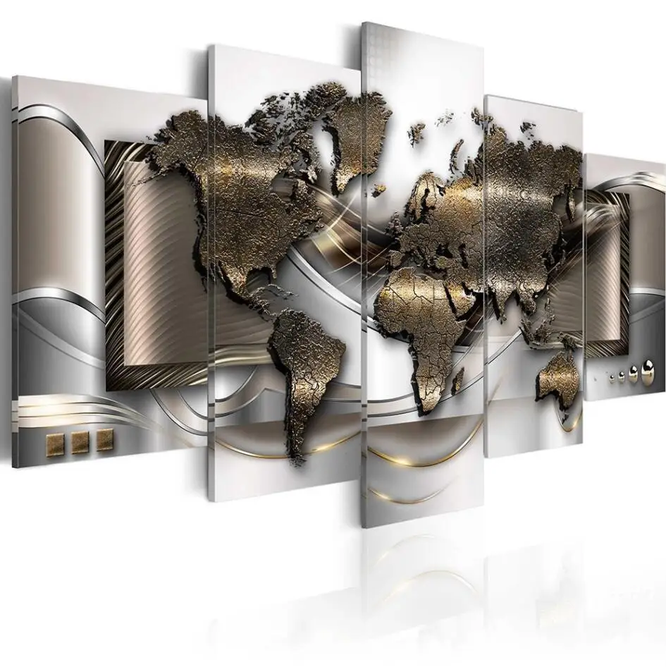 2021  Abstract HD World Map High Quality 5 Panles Modern Wall Art Home Painting Hotel Painting Map Canvas Printing No Frame