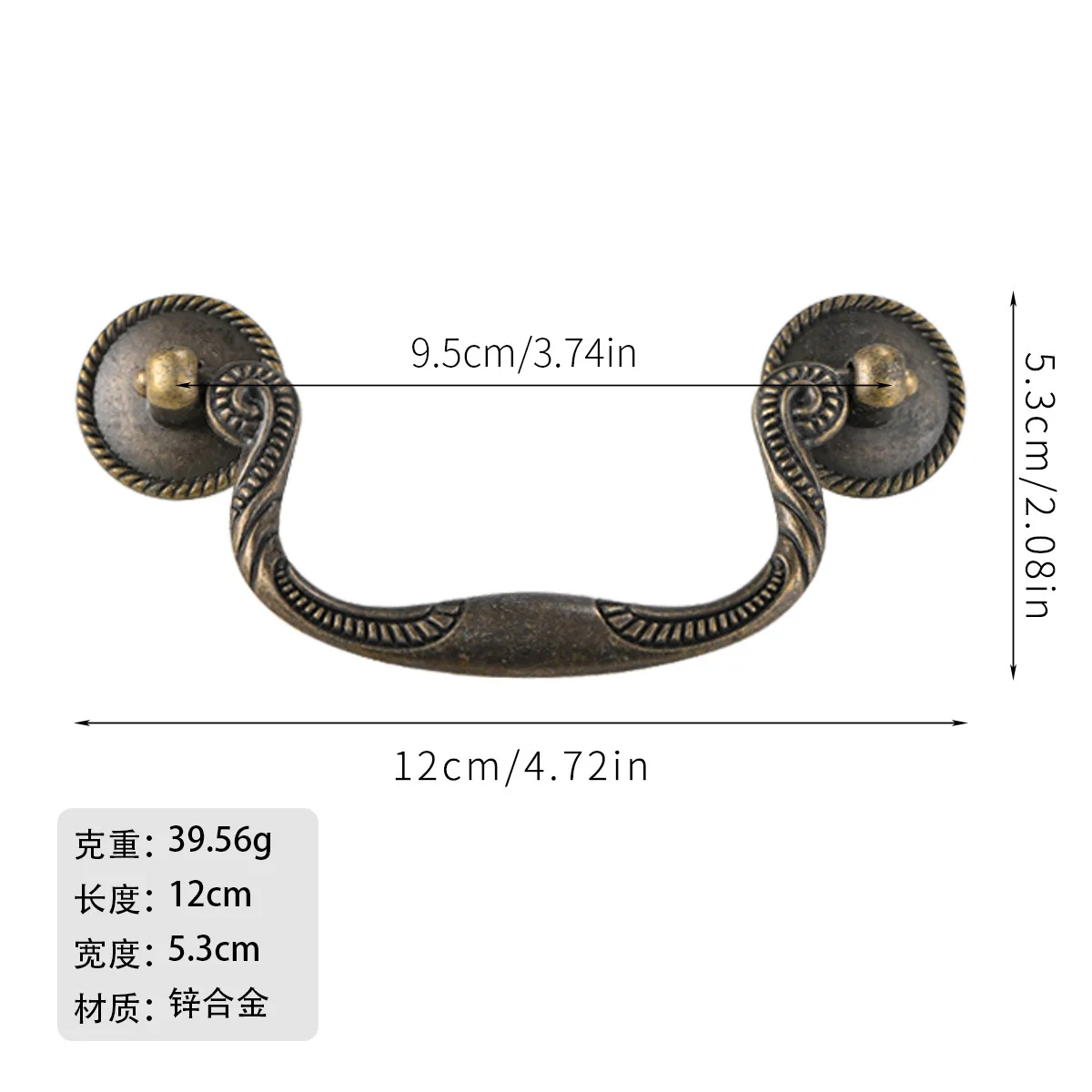 European style rustic antique zinc alloy handle with hole spacing of 95mm for doors, drawers, cabinets, etc