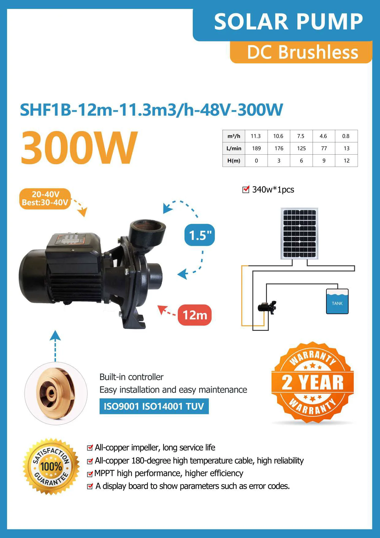 MPPT 20-40V 300W 11L/H flow Solar Water Pump kit Surface DC Brushless Solar Centrifugal Pump Kit solar water pump for Irrigation