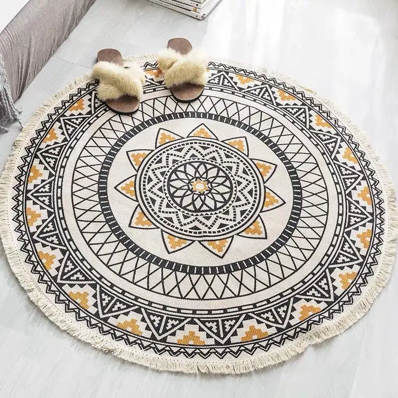 Nordic INS Round Area Rug For Bedroom Ethnic Style Bohemia Woven Cotton Linen Rug Carpet Knitting Floor Mat 90cm 120cm 150cm