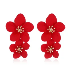 High Polish Gold Plated Enamel Earrings Simple Two Flower 14K Gold Filled Drop Earrings For Women