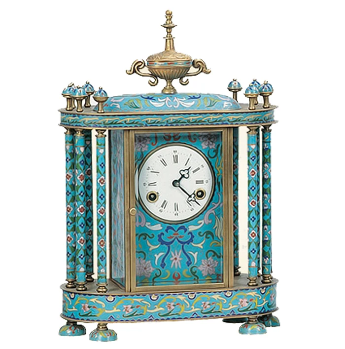 Solid Brass Vintage  Antique Gilt 19th  French Style 15 Days Mechanical Movement  Floral Blue Cloisonne Enamel Table/Desk Clock