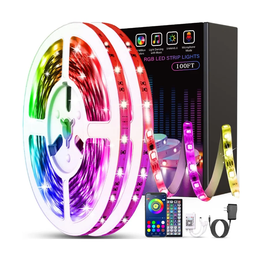 Factory whole Hot Selling 12V 50ft 15M 5050 RGB Music Sync Color Changing Remote App Control Flexible Smart Led Strip Light