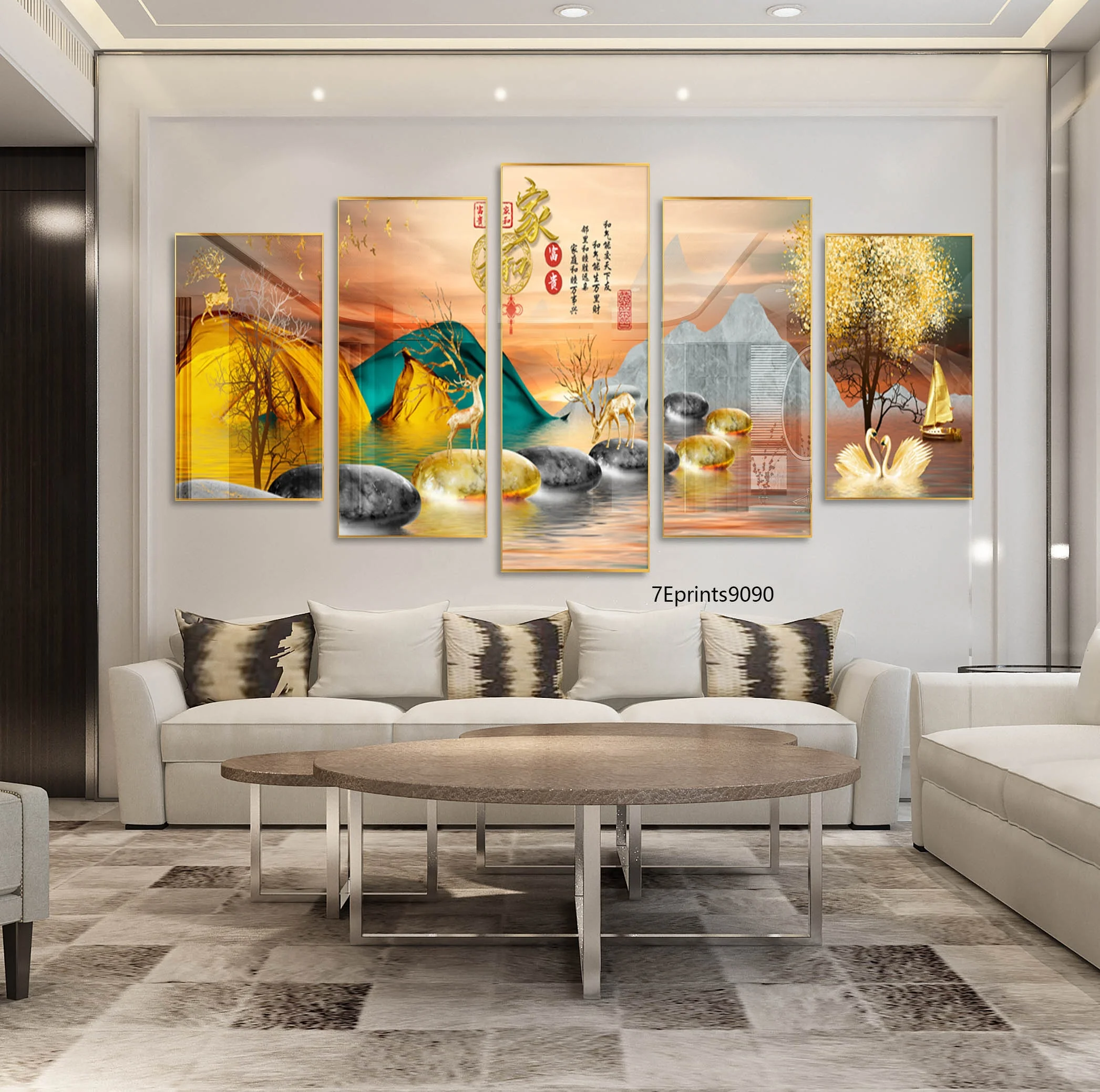 Popular High Quality 5 Panel Crystal Porcelain Painting Hd Printed Asian style Decorative For Living Room And Office Decor