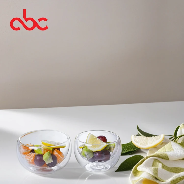 Hand Blown Heat Resistant Round Clear Double Wall Borosilicate Glass Fruit Salad Food Bowl For Home Restaurant Bar Kitchen