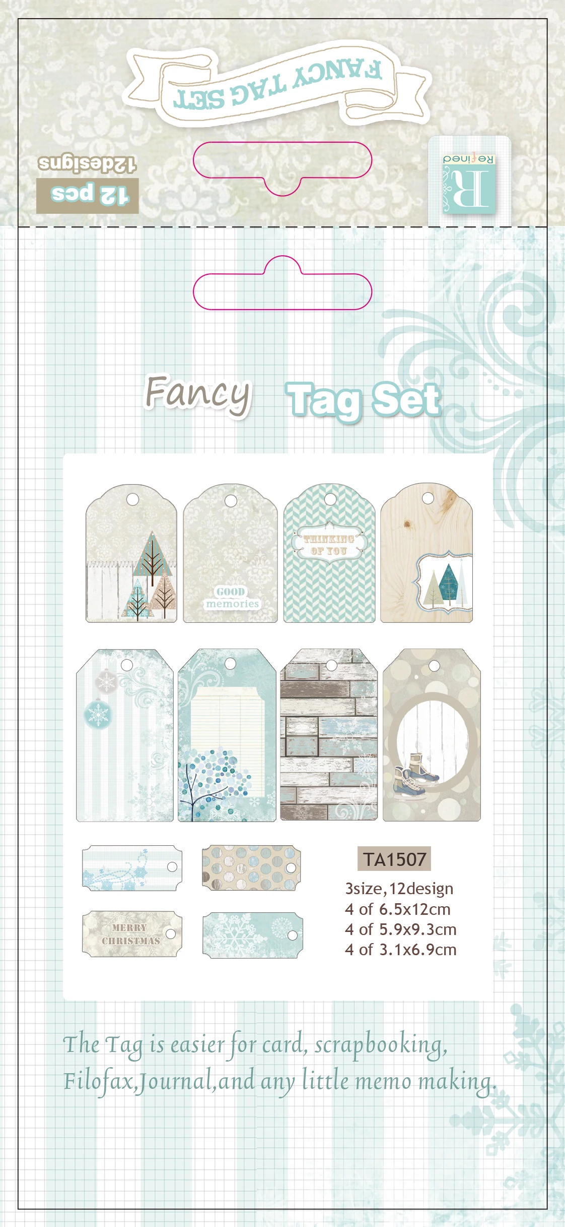 12pcs hot sale hobby craft paper die cut fancy tag set with winter design