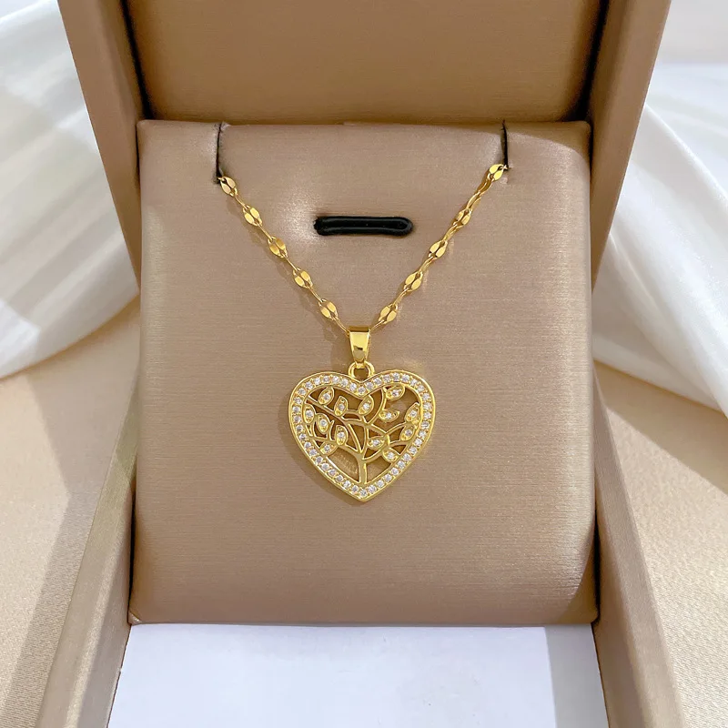 Fashion Stainless Steel Love Heart Pendant Necklace Luxury Women Shiny Cz Tree Of Life Necklace Jewelry