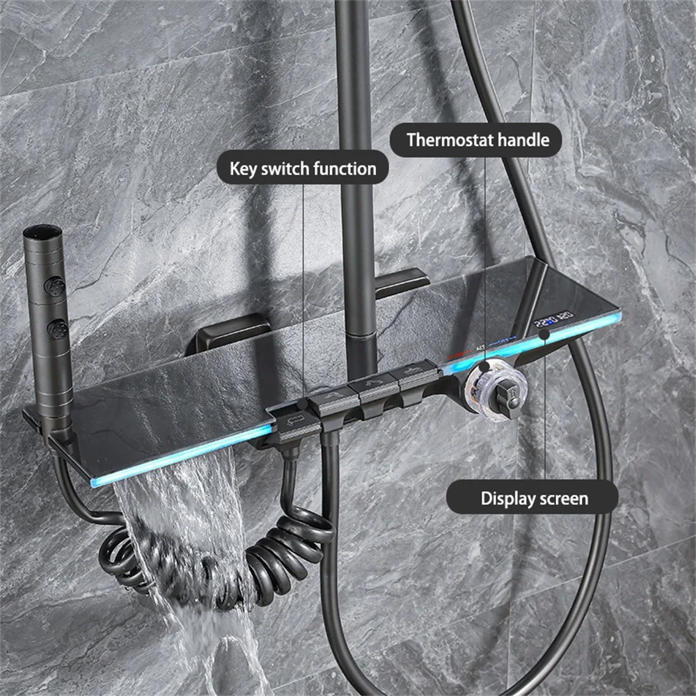 7092 copper black  white grey intelligent digital  LED display constant temperature shower set bathroom copper 3gear  glass body