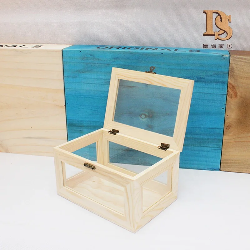 Transparent Glass Lid   Wooden  Window    Box   Natural Hinged Trinket gift   Wooden Shadow Box